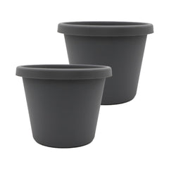 The HC Companies Prima front view showing warm gray finish and paired pots, enhancing curb appeal