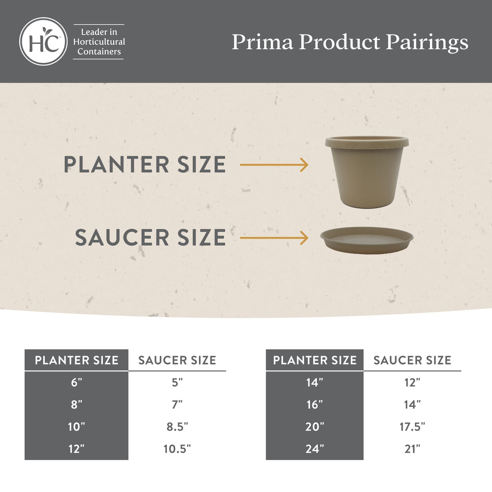 Prima 16-inch pot beside garden tools by The HC Companies, illustrating true size and scale