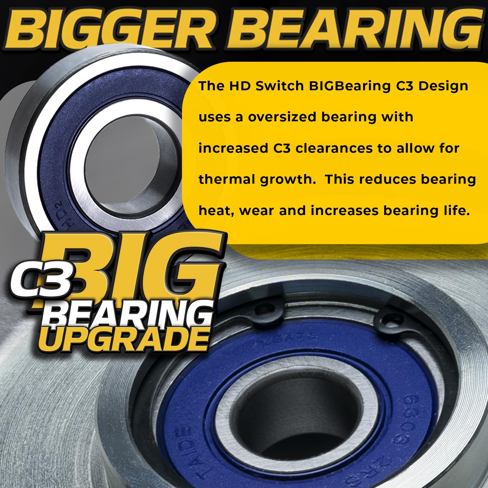 HD Switch oversized BIGBearing detail highlighting rebuildable snap-ring benefit