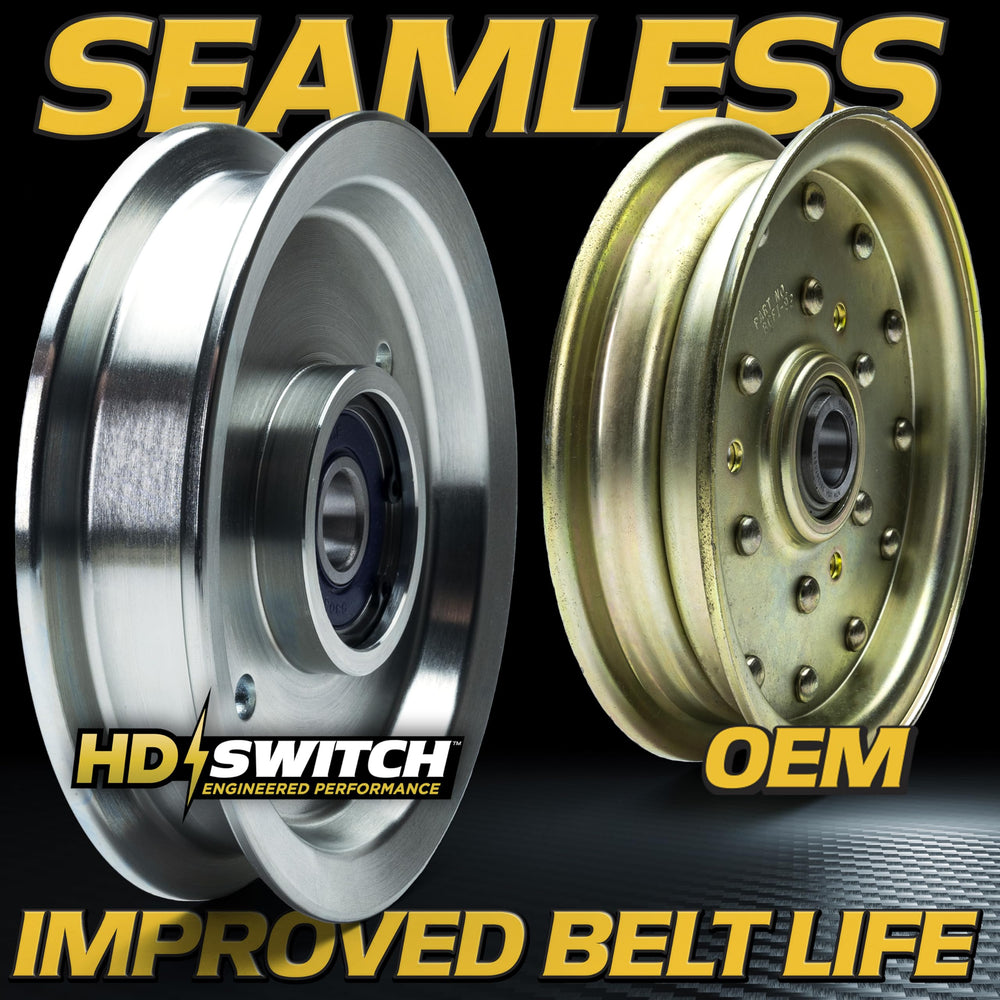 HD Switch idler pulley installed on mower deck demonstrating robust performance