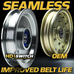 HD Switch installed idler pulley on Bush Hog mower demonstrating correct fit