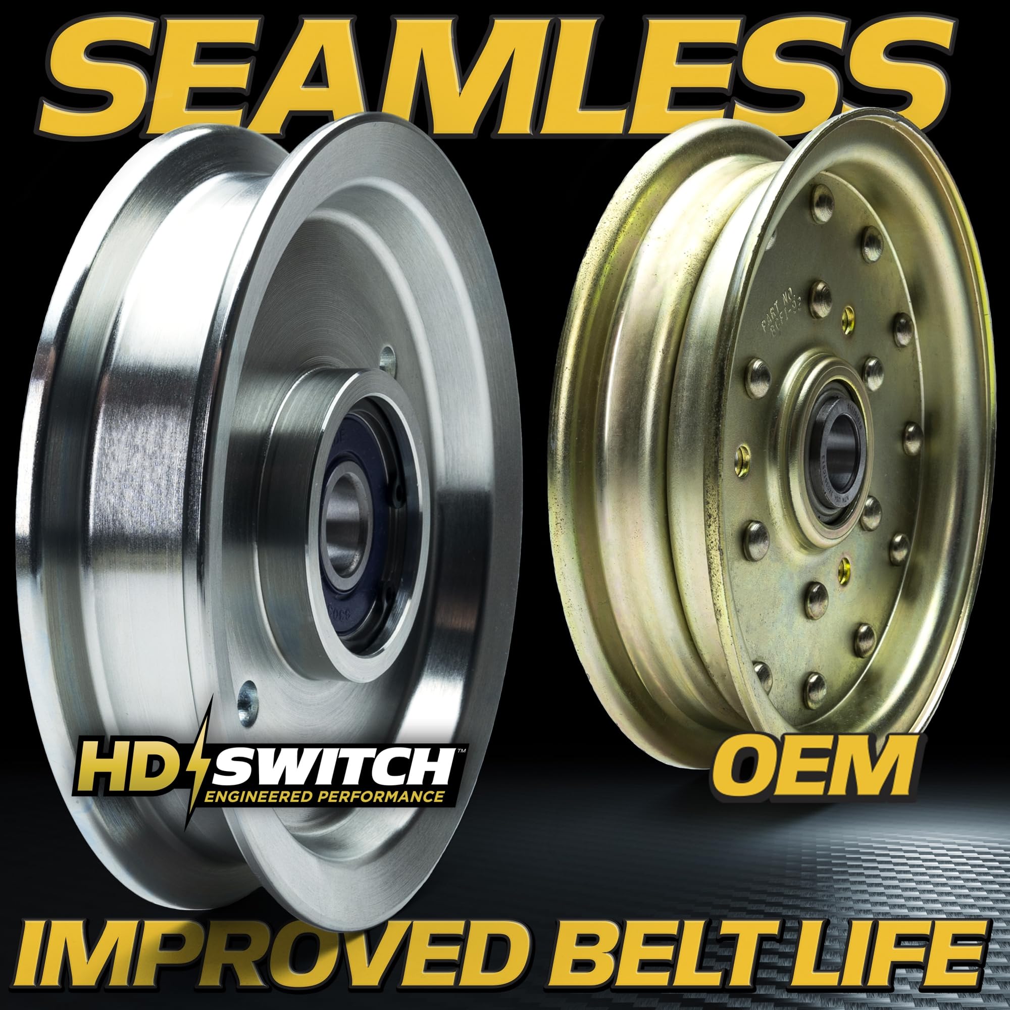 HD Switch pulley mounted on mower deck showing improved belt stability benefit