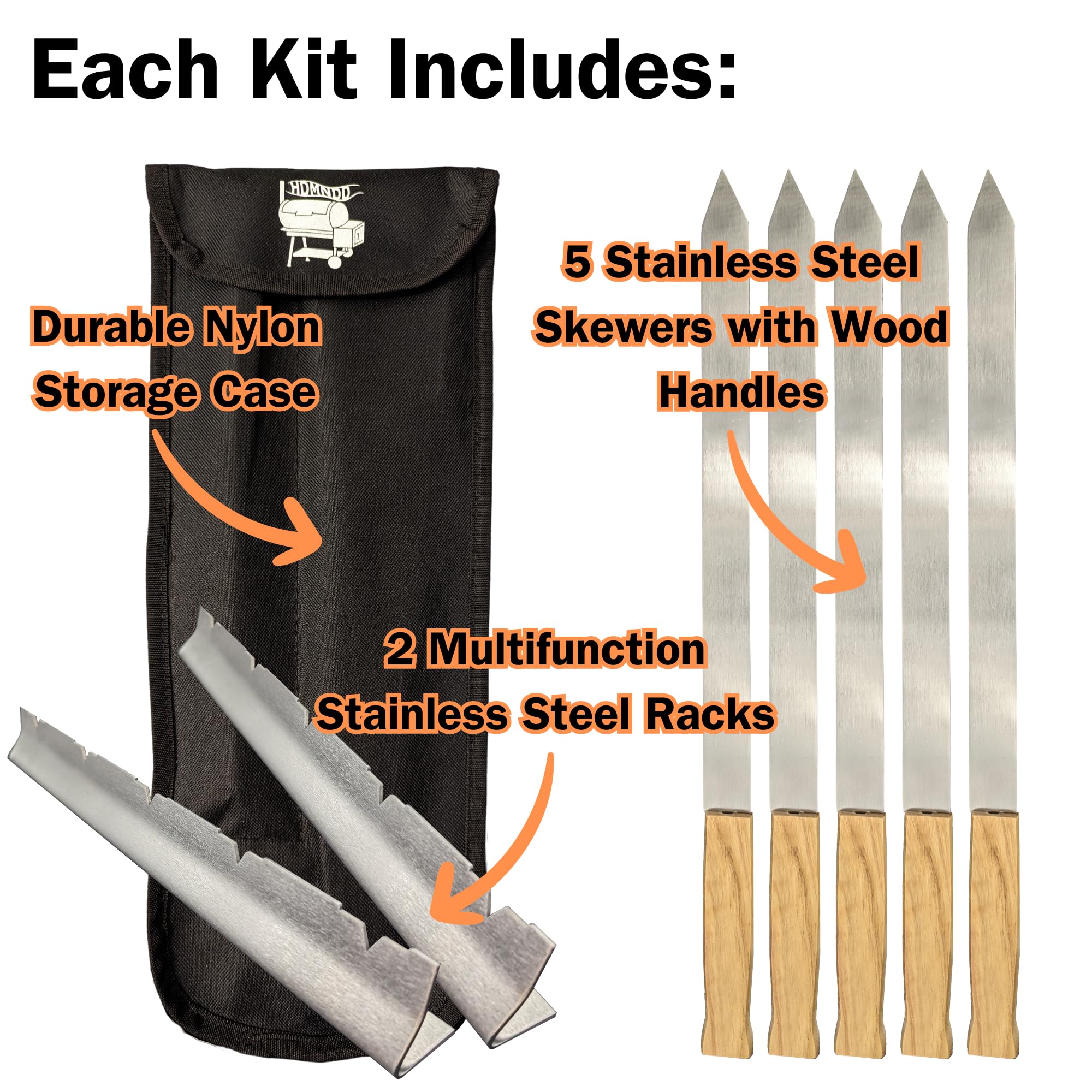 HDMNDD five 1-inch flat skewers lined up for consistent grilling