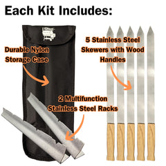 HDMNDD five 1-inch flat skewers lined up for consistent grilling