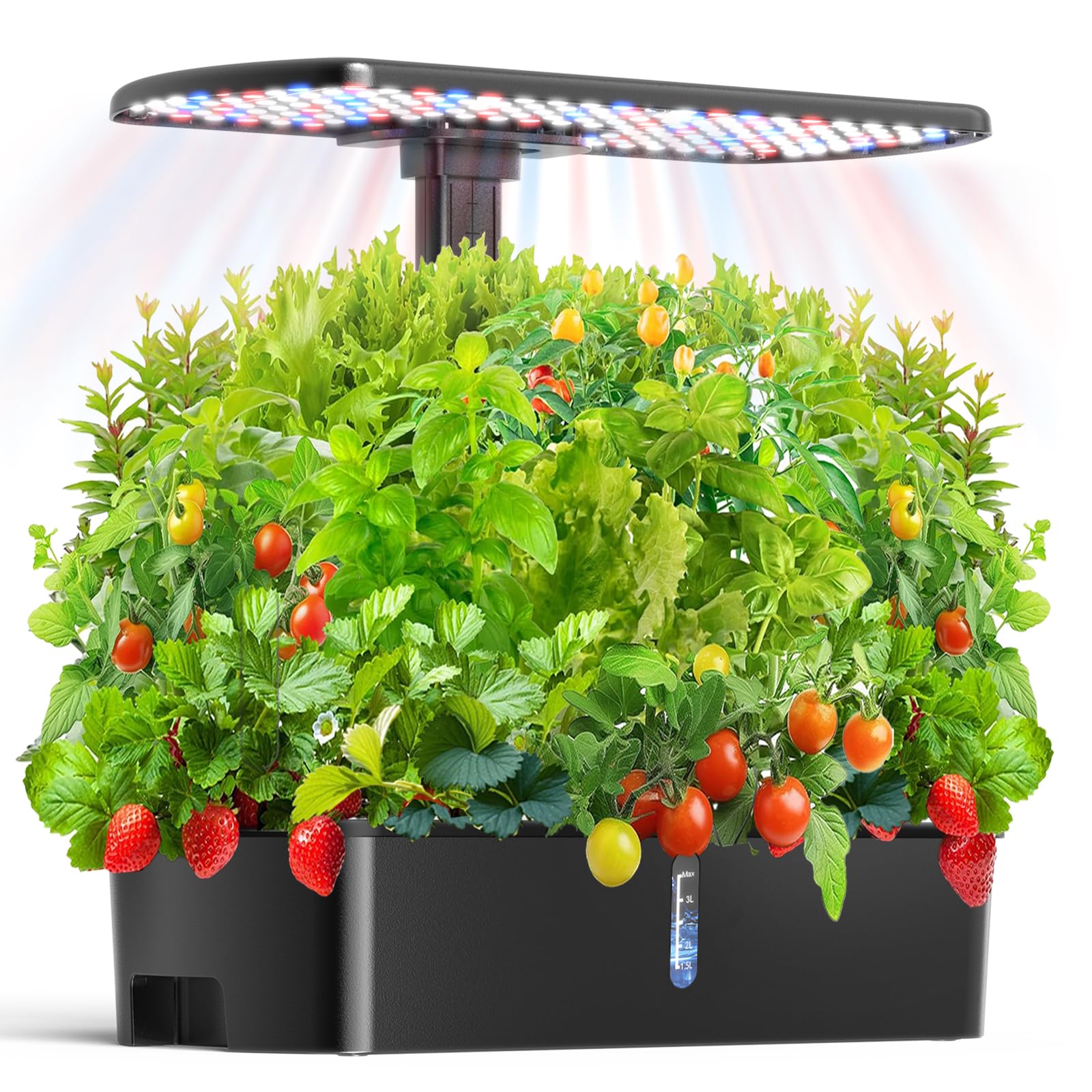 hdroor front view with LED on showing compact indoor garden and vibrant greens