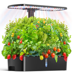 hdroor front view with LED on showing compact indoor garden and vibrant greens
