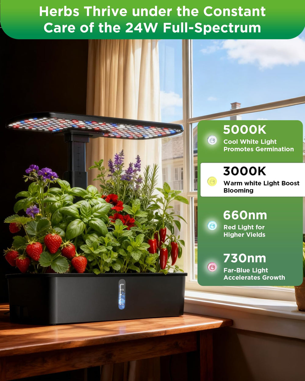 hdroor herbs in full growth on kitchen counter illustrating fresh year‑round produce
