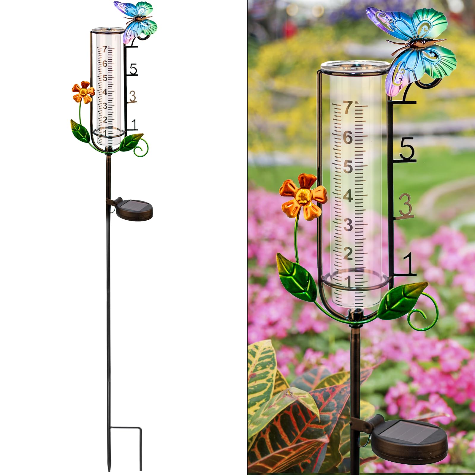 HDUAN IDT front view of butterfly rain gauge showing decorative stake and tube, enhances curb appeal