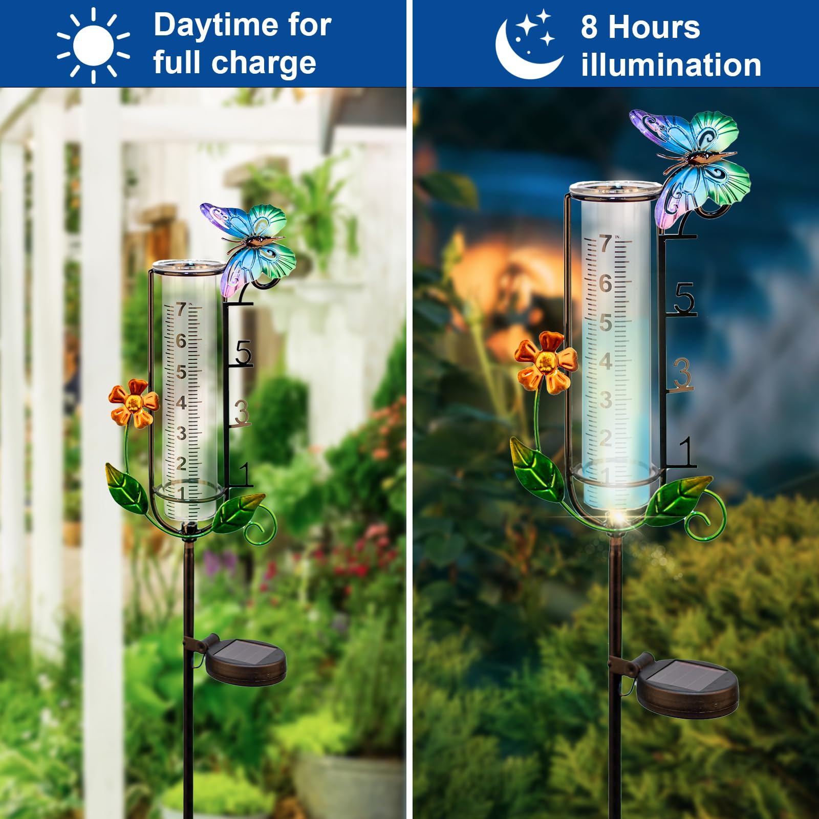 HDUAN IDT rain gauge glowing at dusk from LED base light, improves evening readability