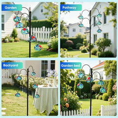 HEADAK LIFE feeders hanging in a flower border attracting backyard wildlife