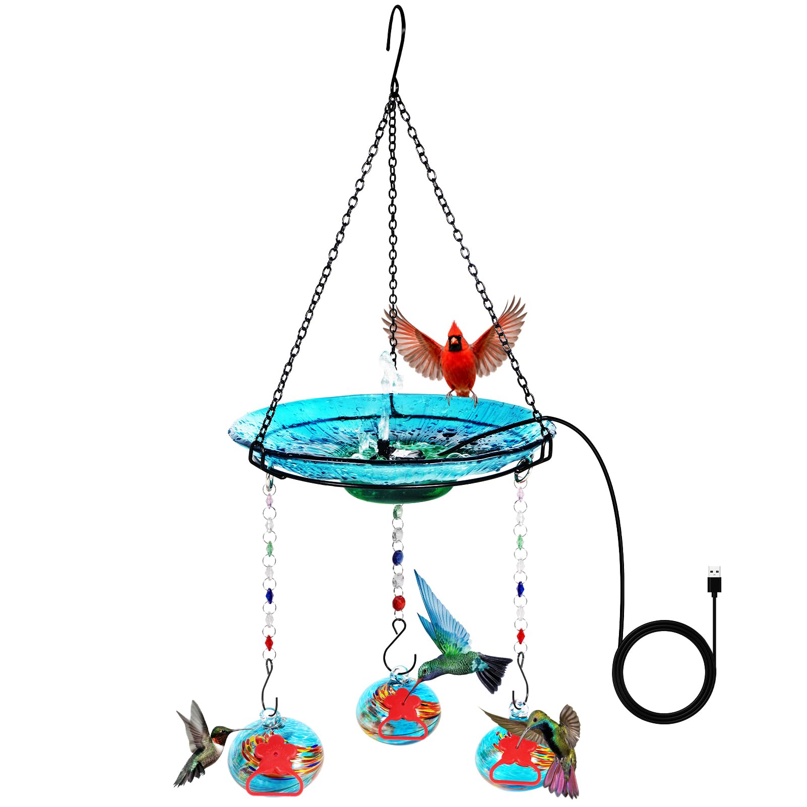 HEADAK LIFE front view showing full blue glass feeder and bath, decorative focal point