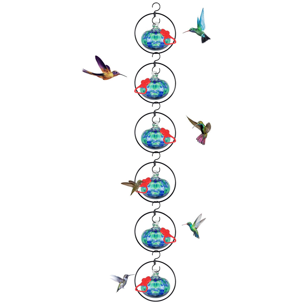 HEADAK LIFE front view of six blue glass feeders showing vibrant design benefit