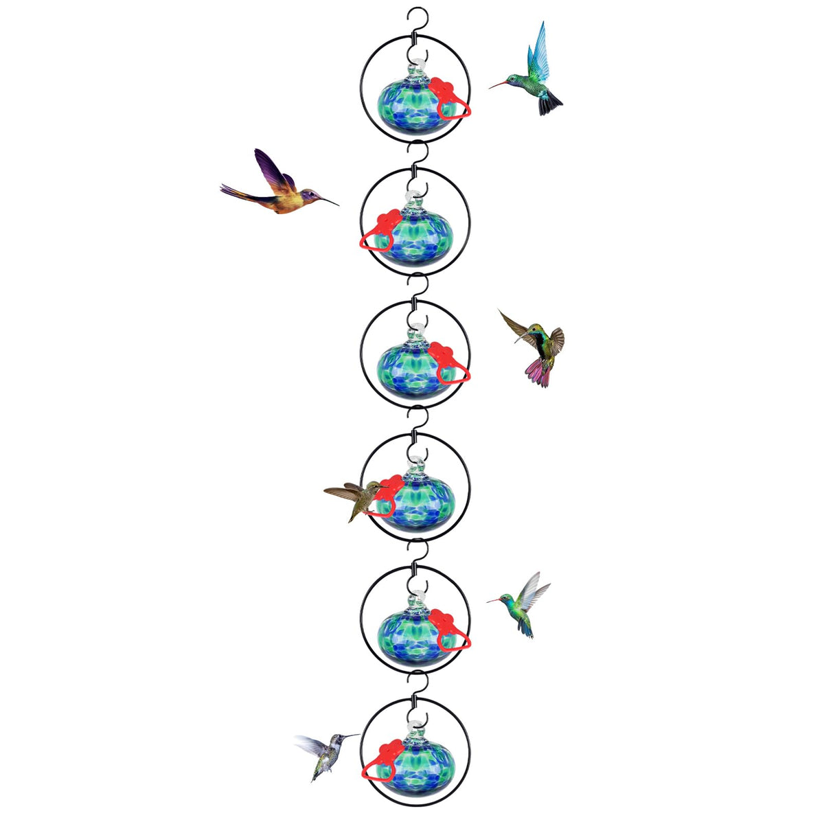 HEADAK LIFE front view of six blue glass feeders showing vibrant design benefit