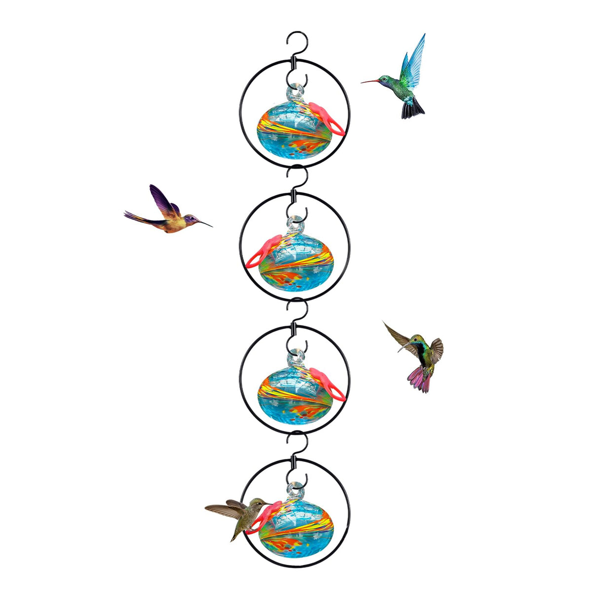 Headak Life front view of four blue glass feeder globes as decorative set attracting birds
