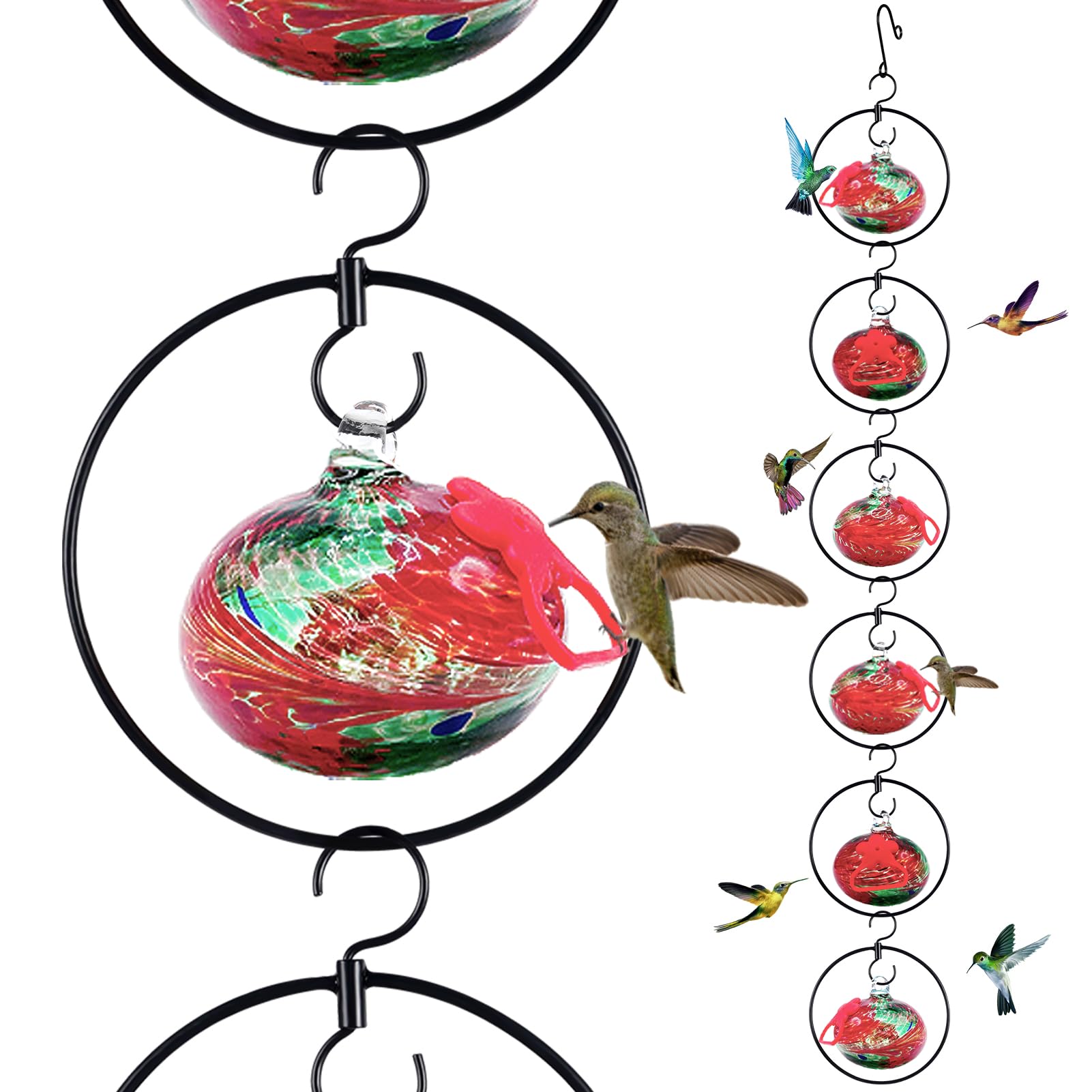HEADAK LIFE front view of six-pack feeder set showing bright glass, attracts hummingbirds