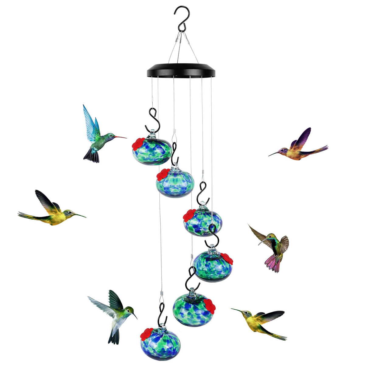 HEADAK LIFE front view of feeder showing colorful glass and hanging loop, enhances garden decor