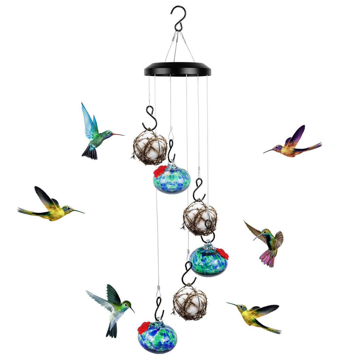 HEADAK LIFE front view of hanging wind chime feeder showing three glass globes and woven balls attracting birds