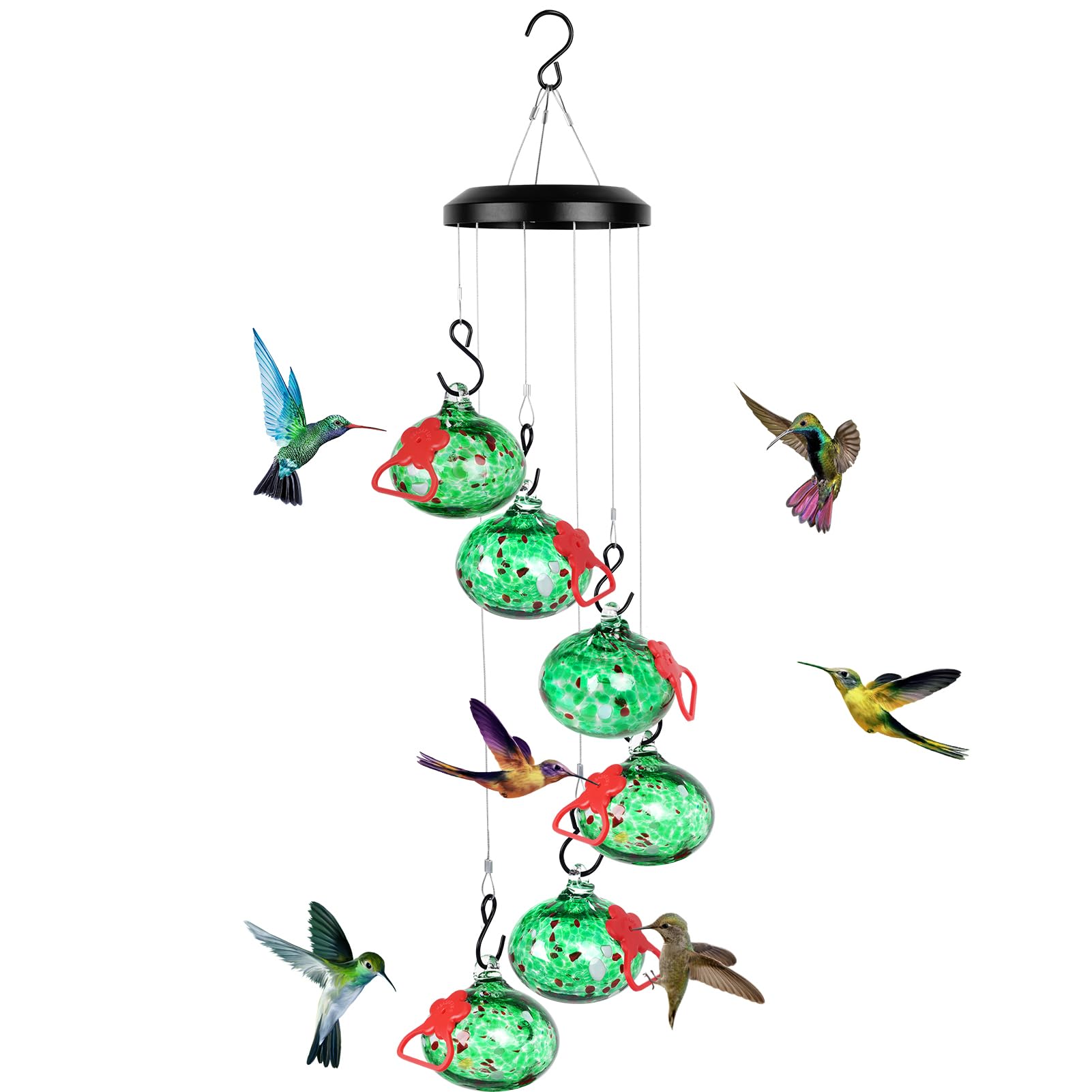HEADAK LIFE front view of hanging feeder showing colorful glass and chimes, attracts birds