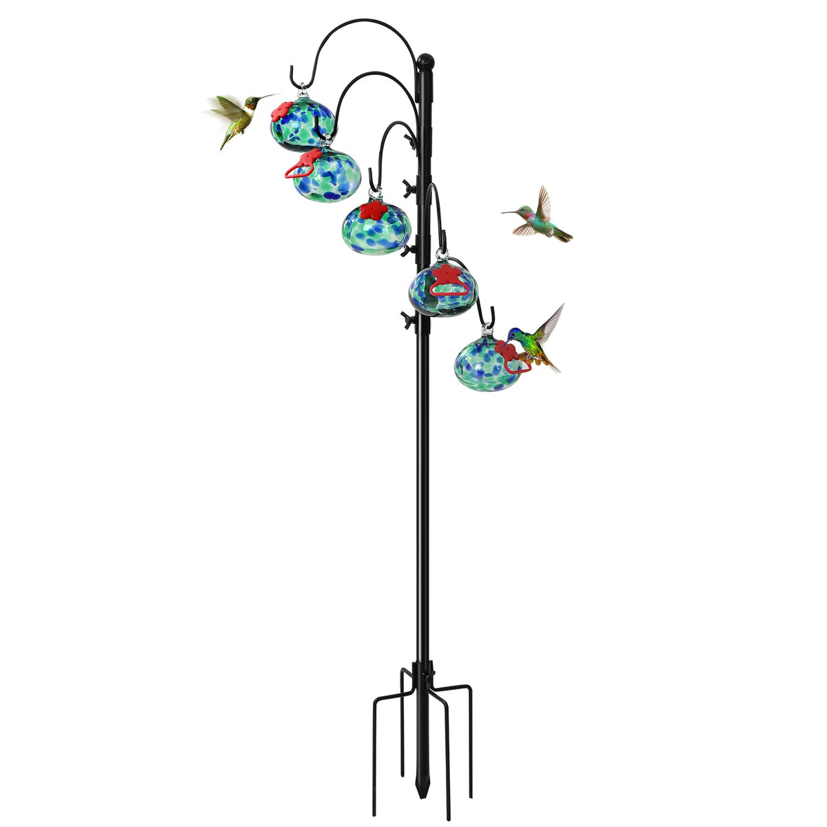HEADAK LIFE front view of stand with five colorful feeders showing garden appeal