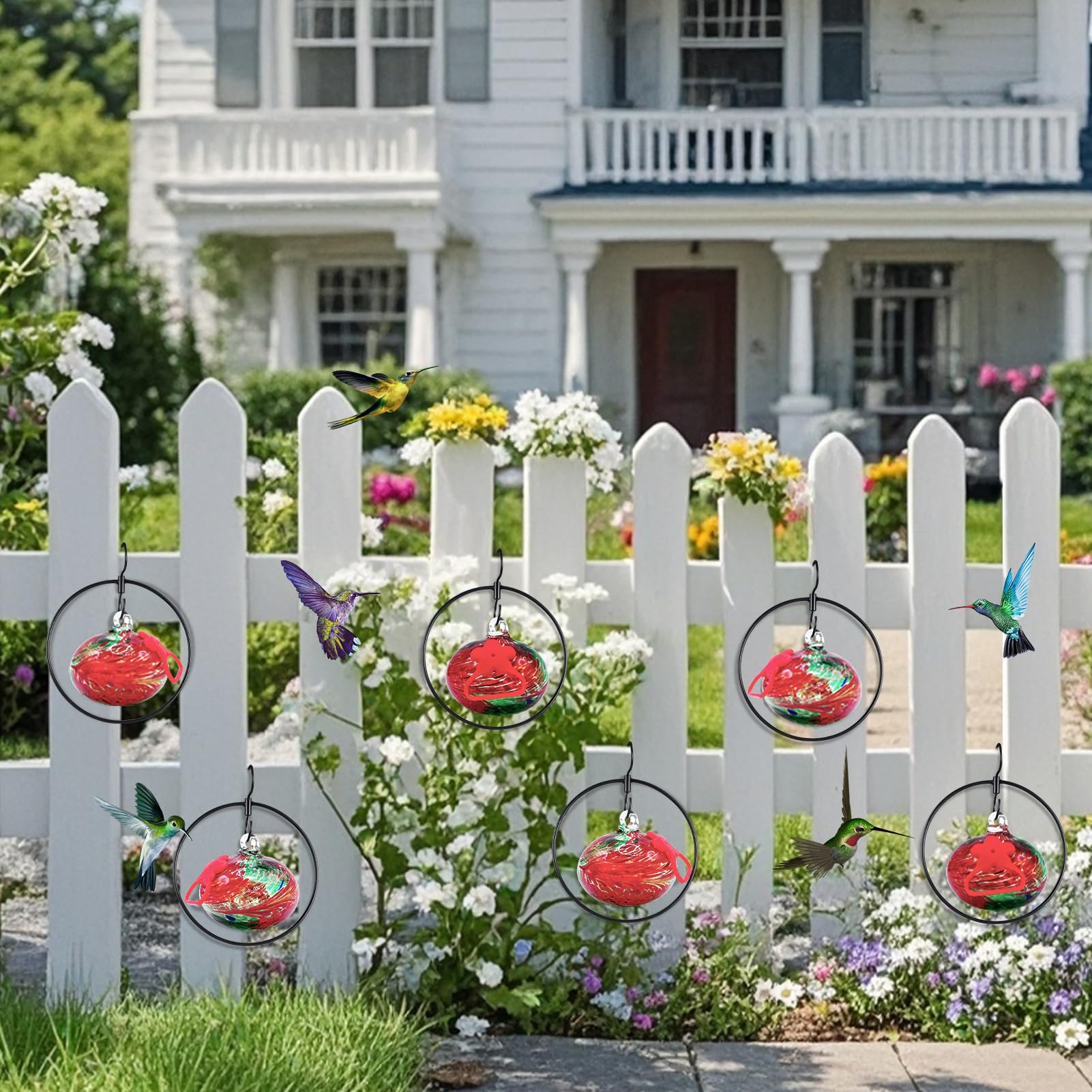 HEADAK LIFE feeders hanging on porch rail demonstrating insect-resistant elevated placement