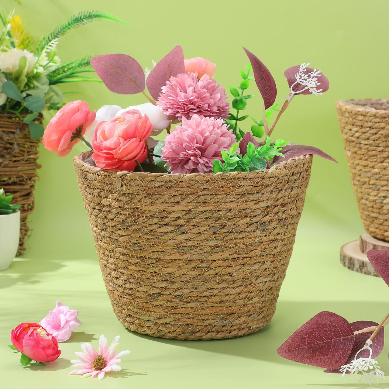Healifty basket with potted plant on a living room table adding natural decor and floor protection