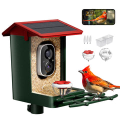 HEAPETS front view showing red feeder and camera, clear design benefit