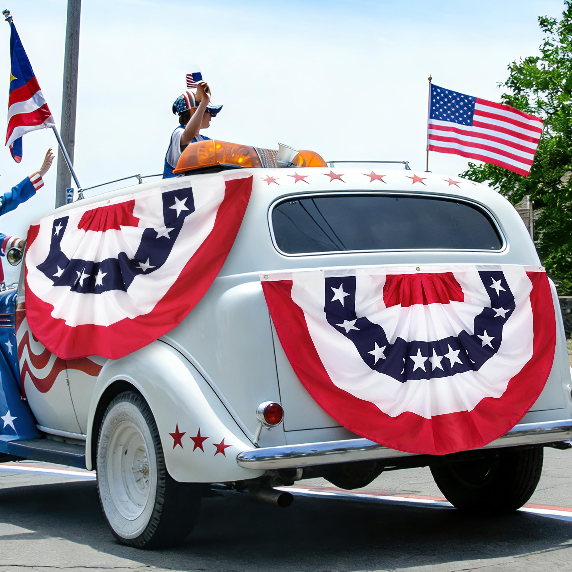 Heartome fan flag hung on porch rail conveying patriotic curbside decoration