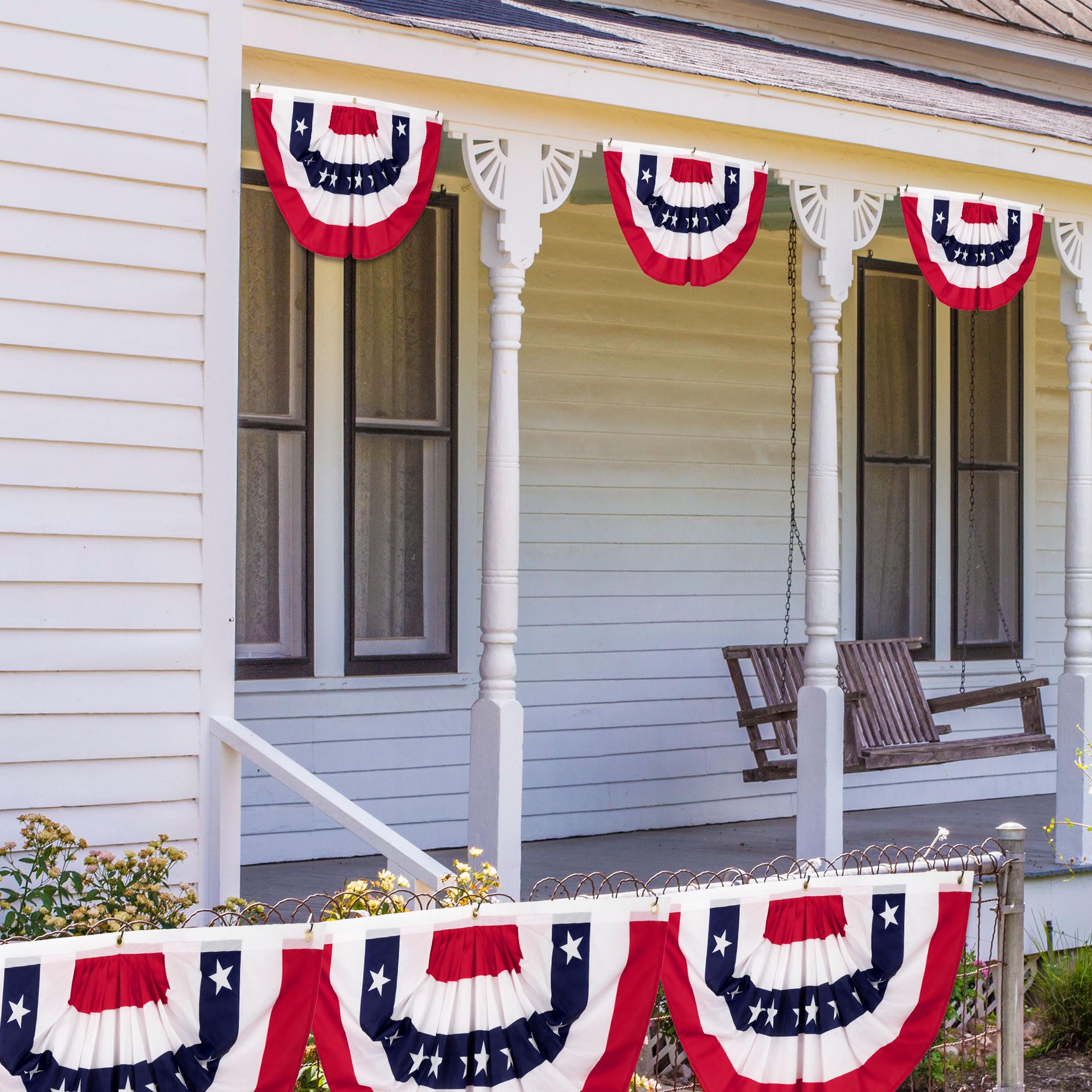 Heartome pleated fan flag mounted on porch railing adding festive Fourth of July charm