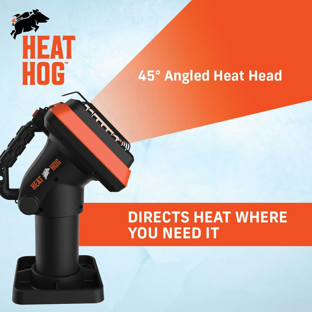 Heat Hog in garage setting delivering focused heat to a workspace