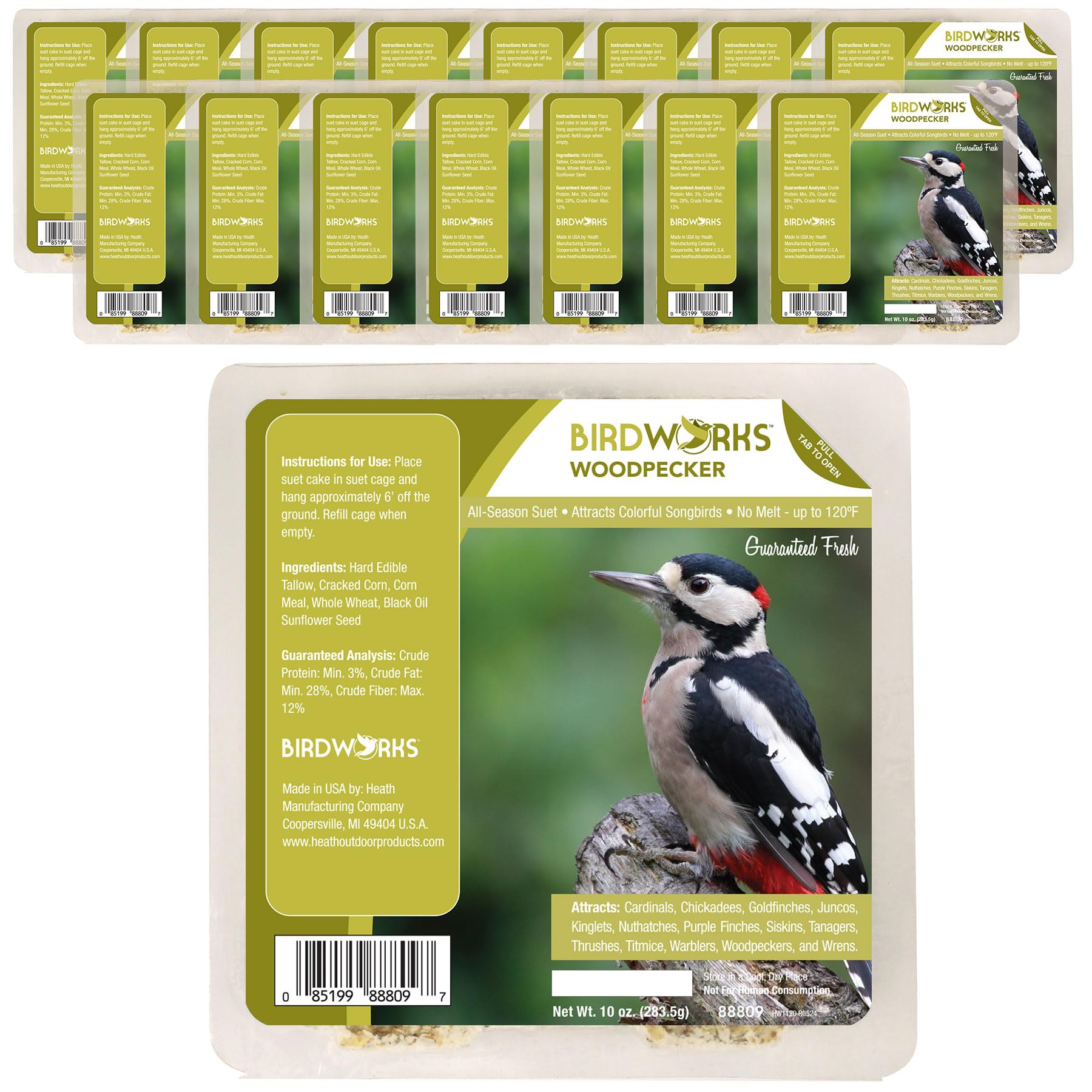 Heath Outdoor Products front packaging showing 16 individually wrapped suet cakes and value pack benefit
