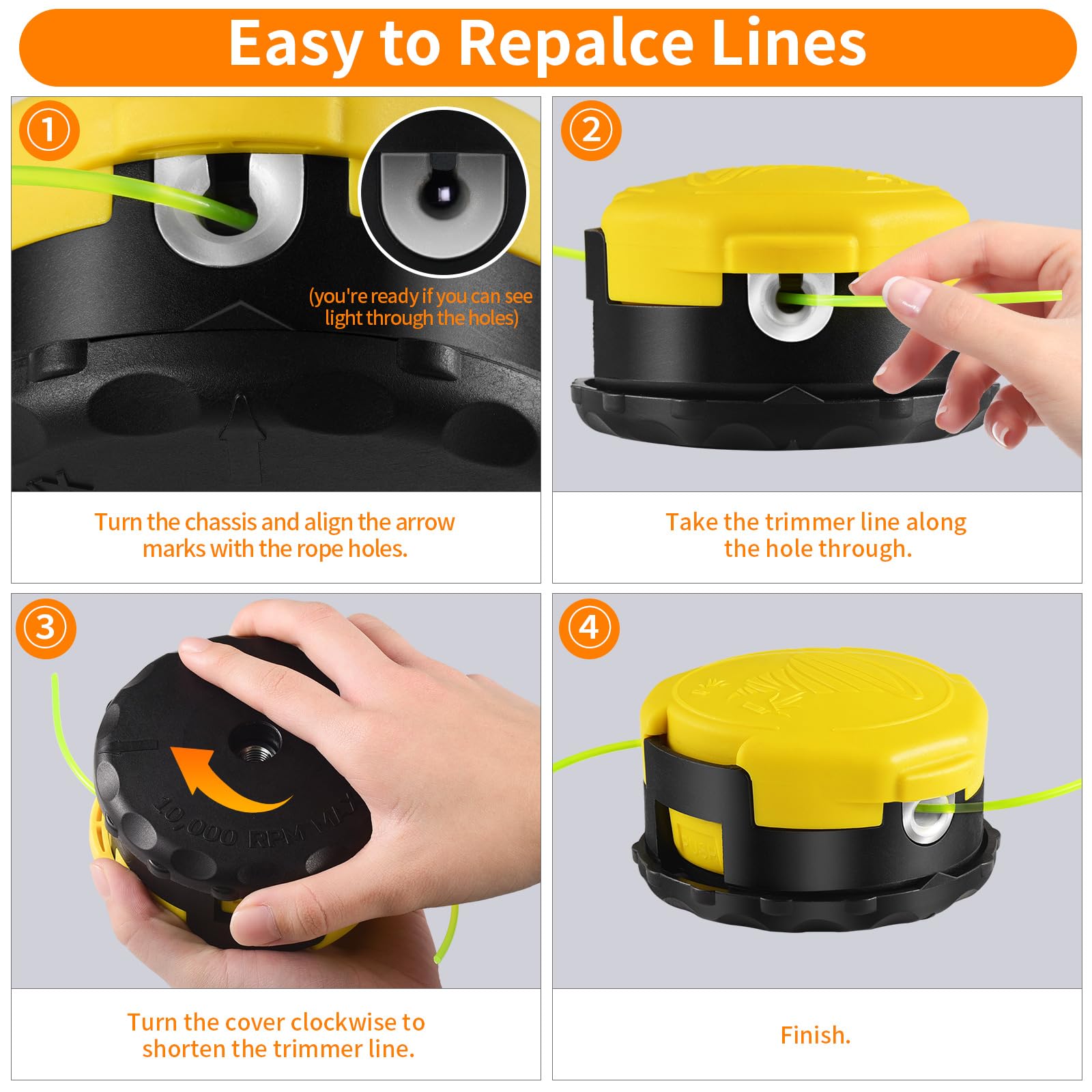 HeavenBird detail of pre-loaded trimmer line showing durability benefit