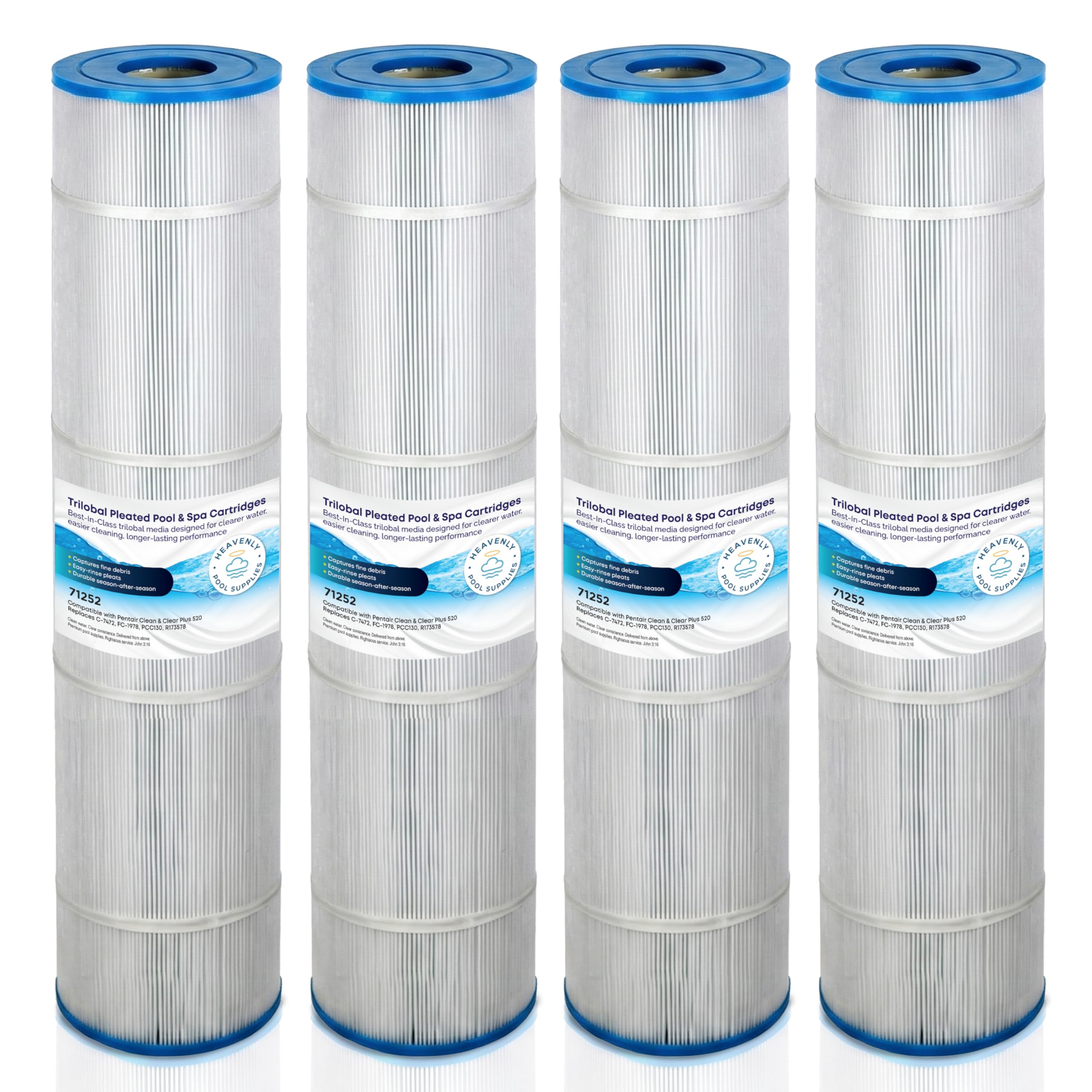 Heavenly Pool Supplies front view of 4-pack cartridges showing packaging and parts benefit