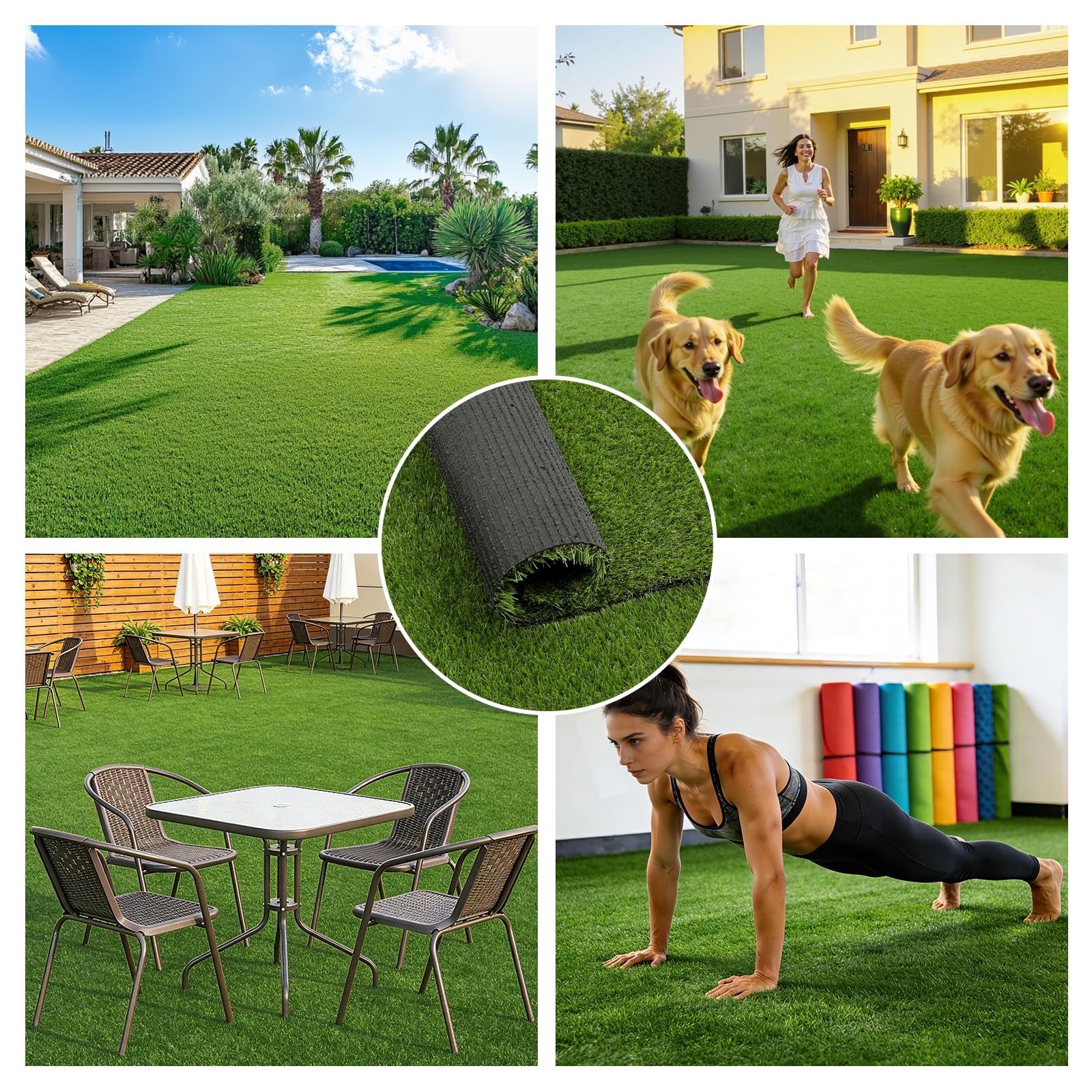 HEBE RUGS on a patio with furniture showing low-maintenance outdoor decor benefit