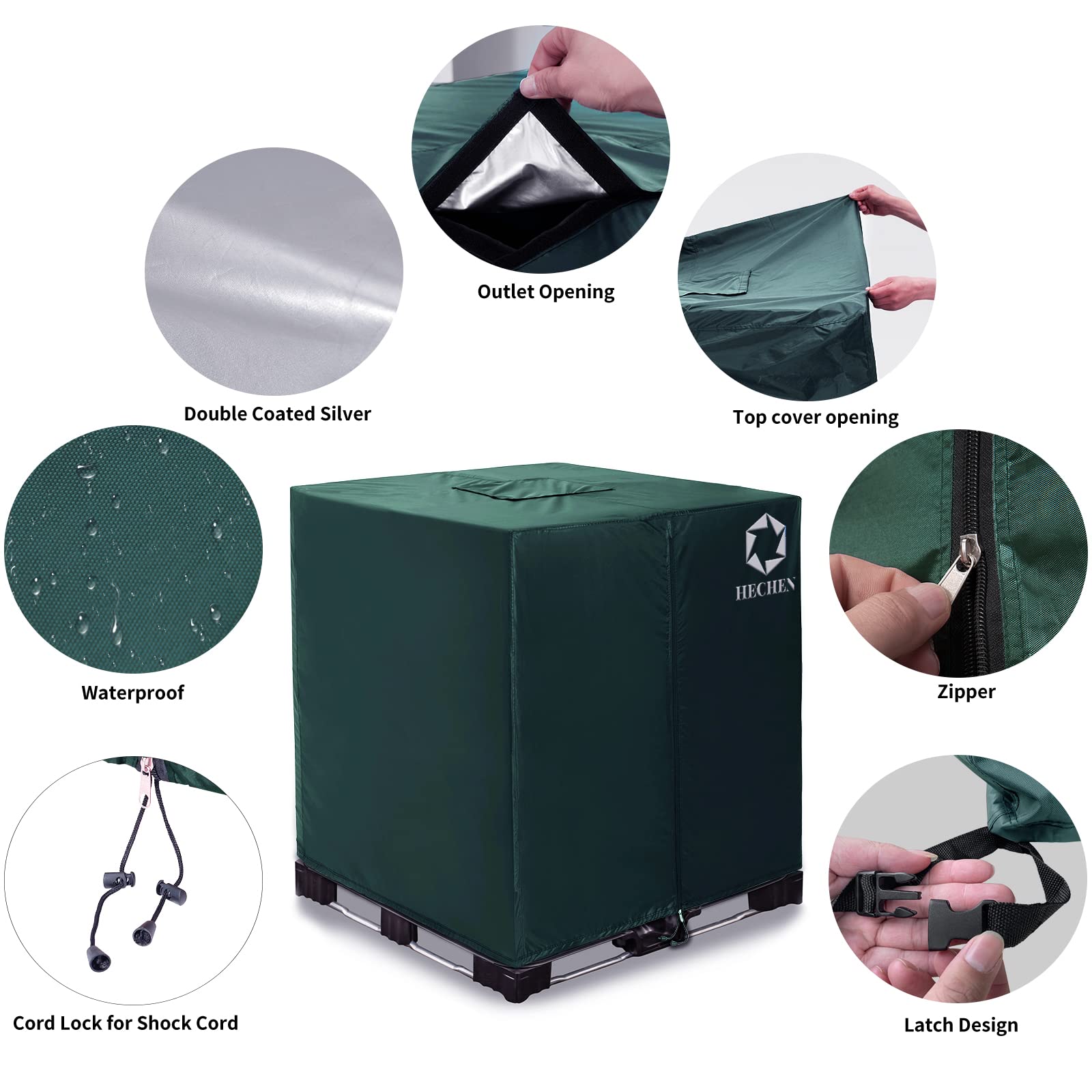 HECHEN bottom latches securing cover to IBC tote against wind