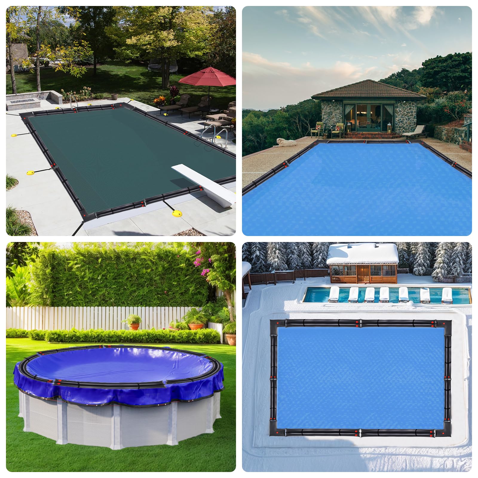 Hedday tubes on pool cover in snowy yard illustrating protection and stability