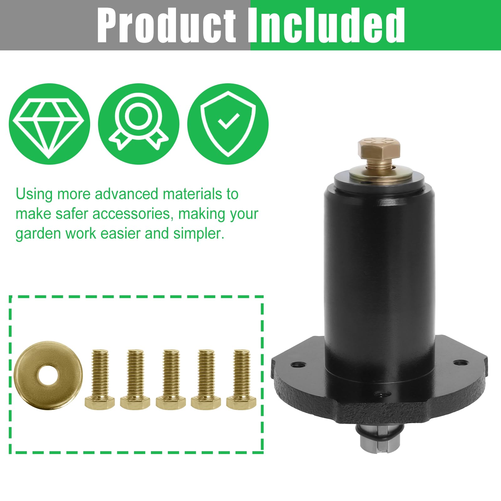 Hedday spindle with tools for scale showing easy-replacement benefit