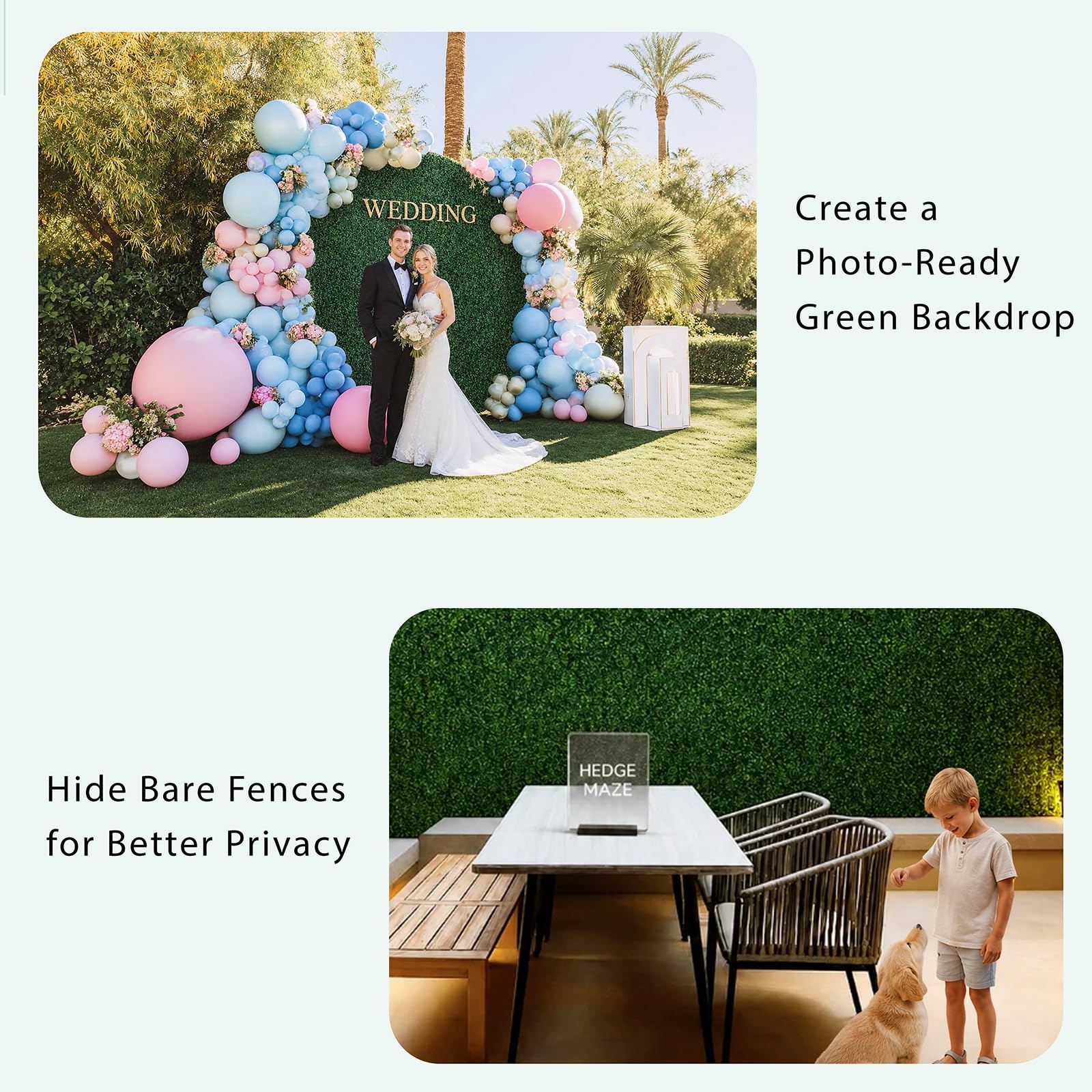 HEDGE MAZE event backdrop lifestyle shot creating a lush photo-ready wall