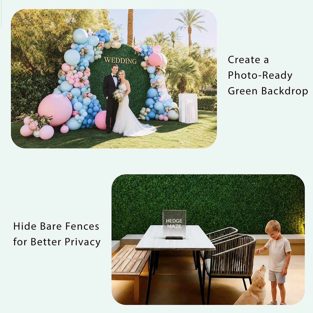 HEDGE MAZE event backdrop lifestyle shot creating a lush photo-ready wall