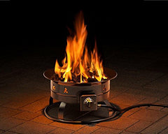 Heininger fire pit in patio setup with people, illustrating cozy outdoor heating and social gathering