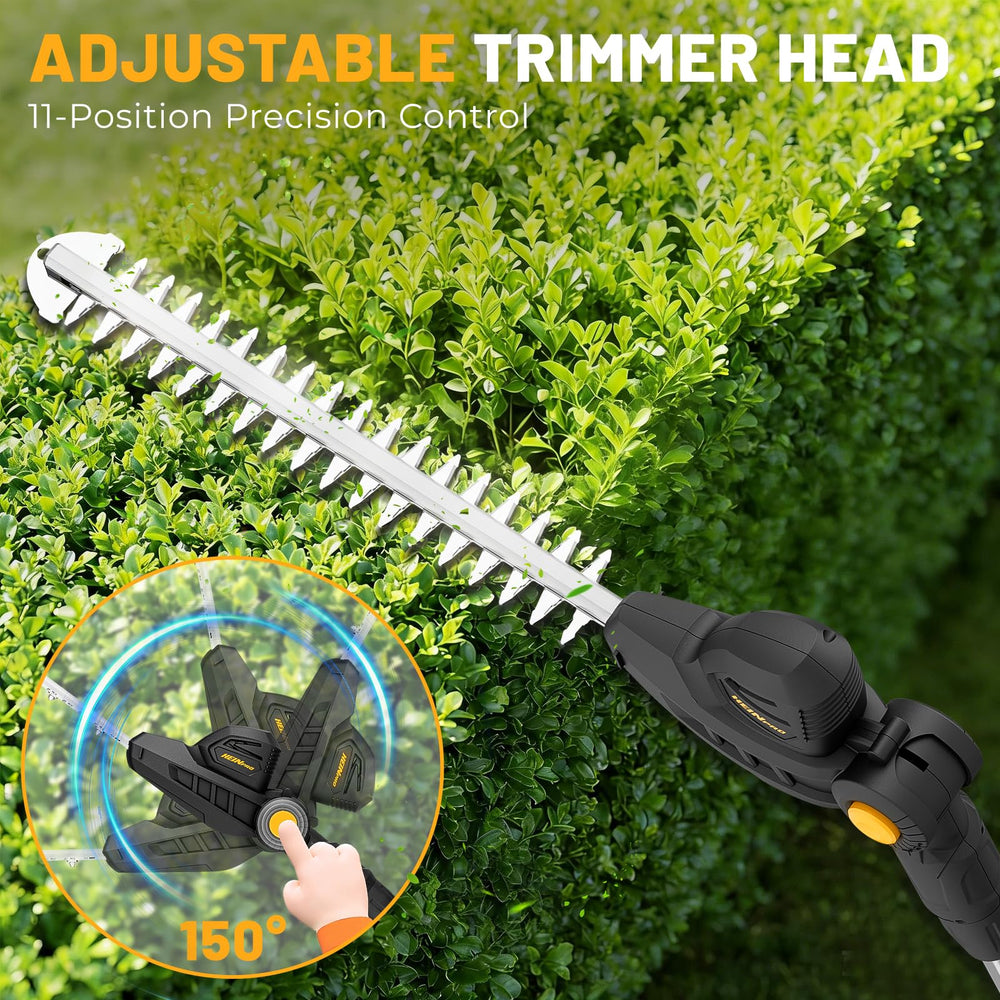 HEINPRO angled cutting head detail showing 150° adjustment for precise trimming