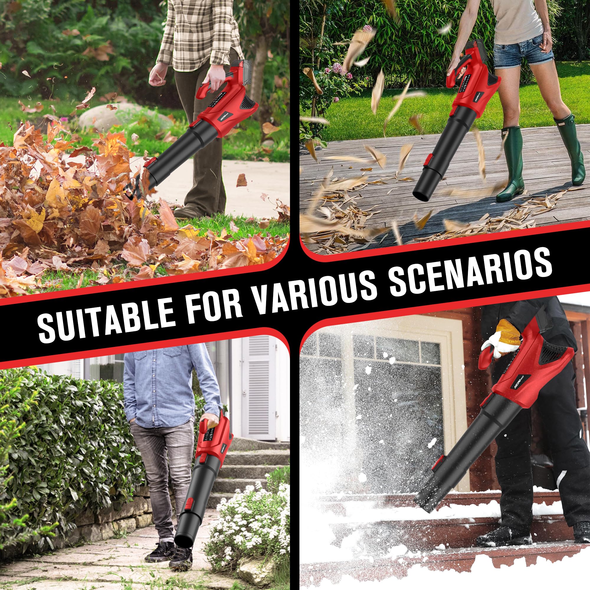 HEINPRO blower in use on a lawn showing quick leaf removal efficiency