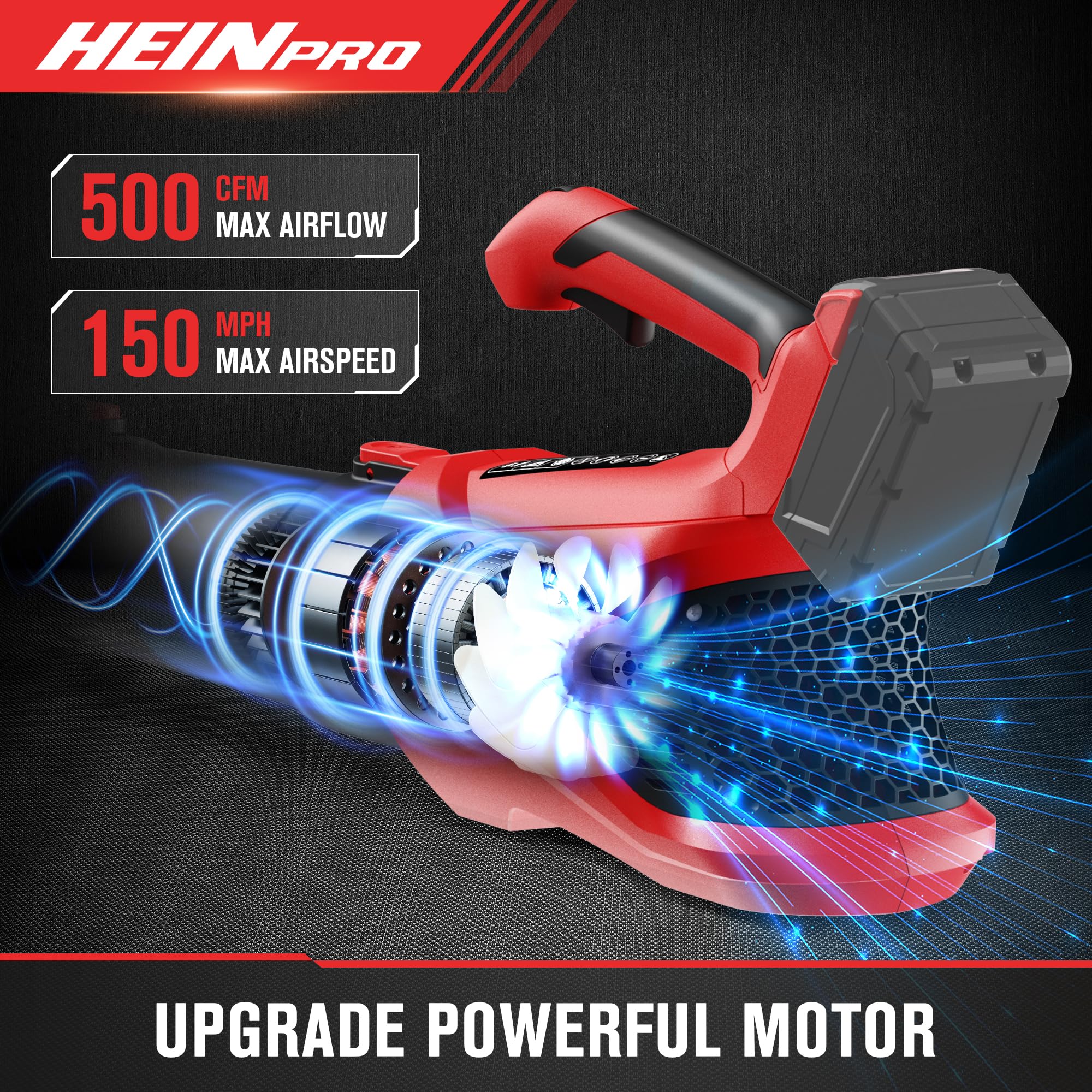 HEINPRO blower nozzle closeup showing airflow port for focused clearing power