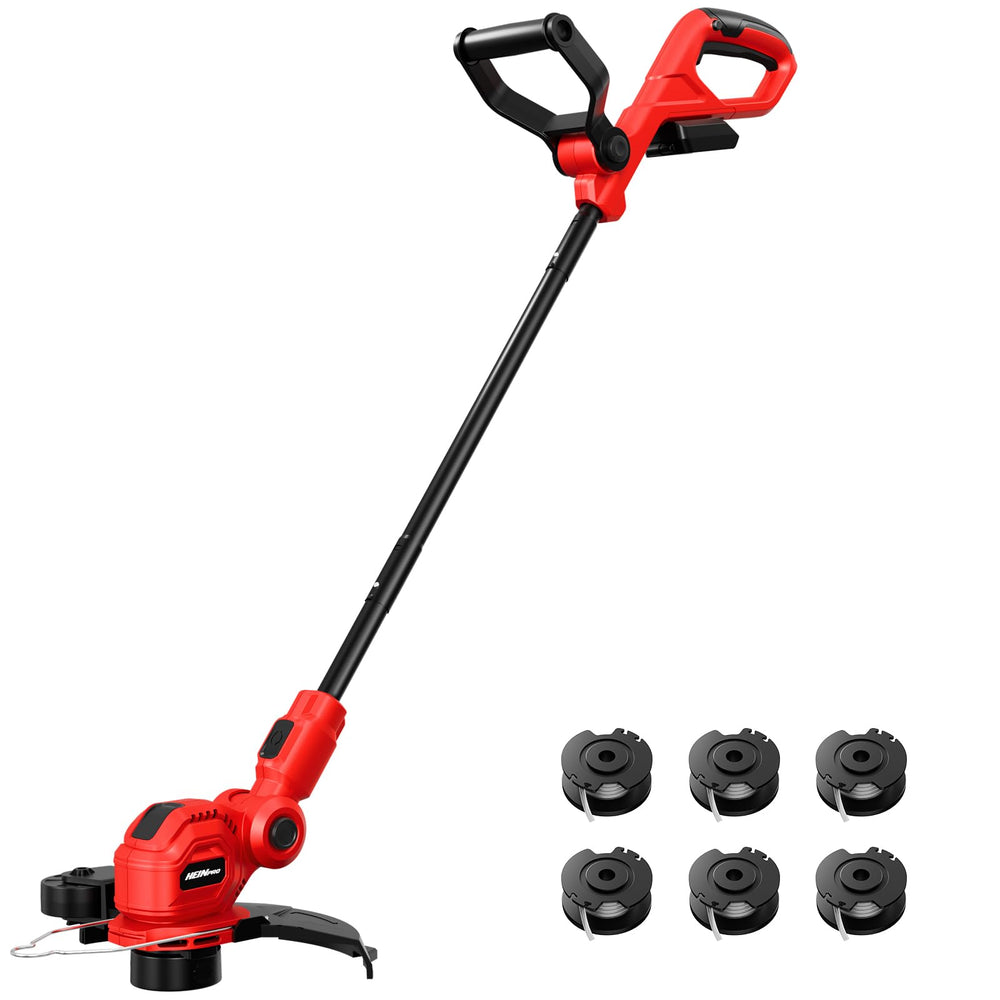 HEINPRO front view showing cordless trimmer and ergonomic handle for comfortable yard work