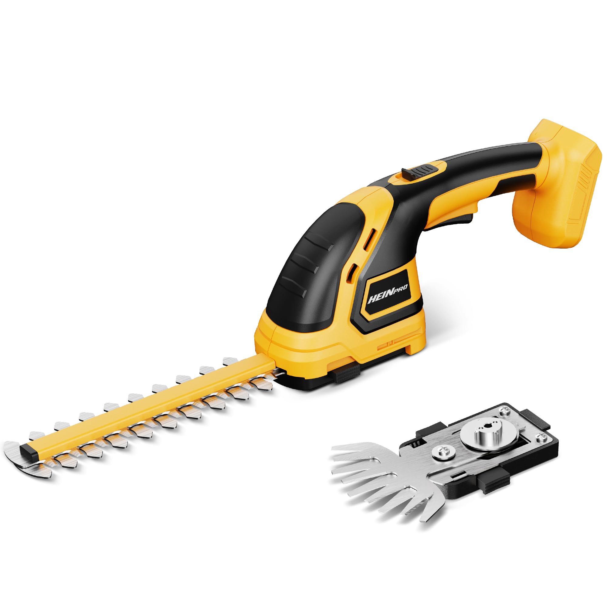 HEINPRO cordless trimmer front view showing long blade and compatibility