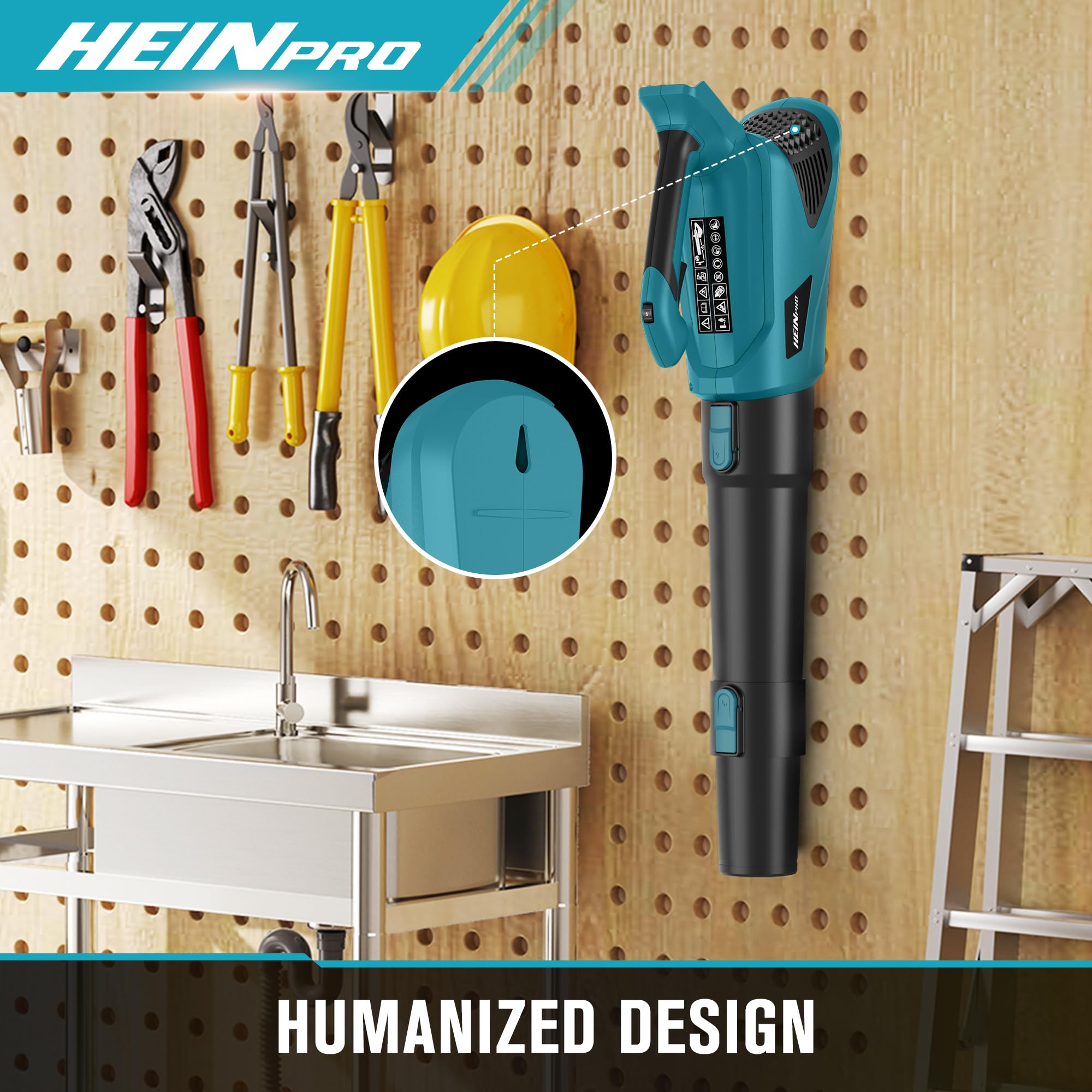 HEINPRO blower hanging on a hook for convenient garage storage and organization