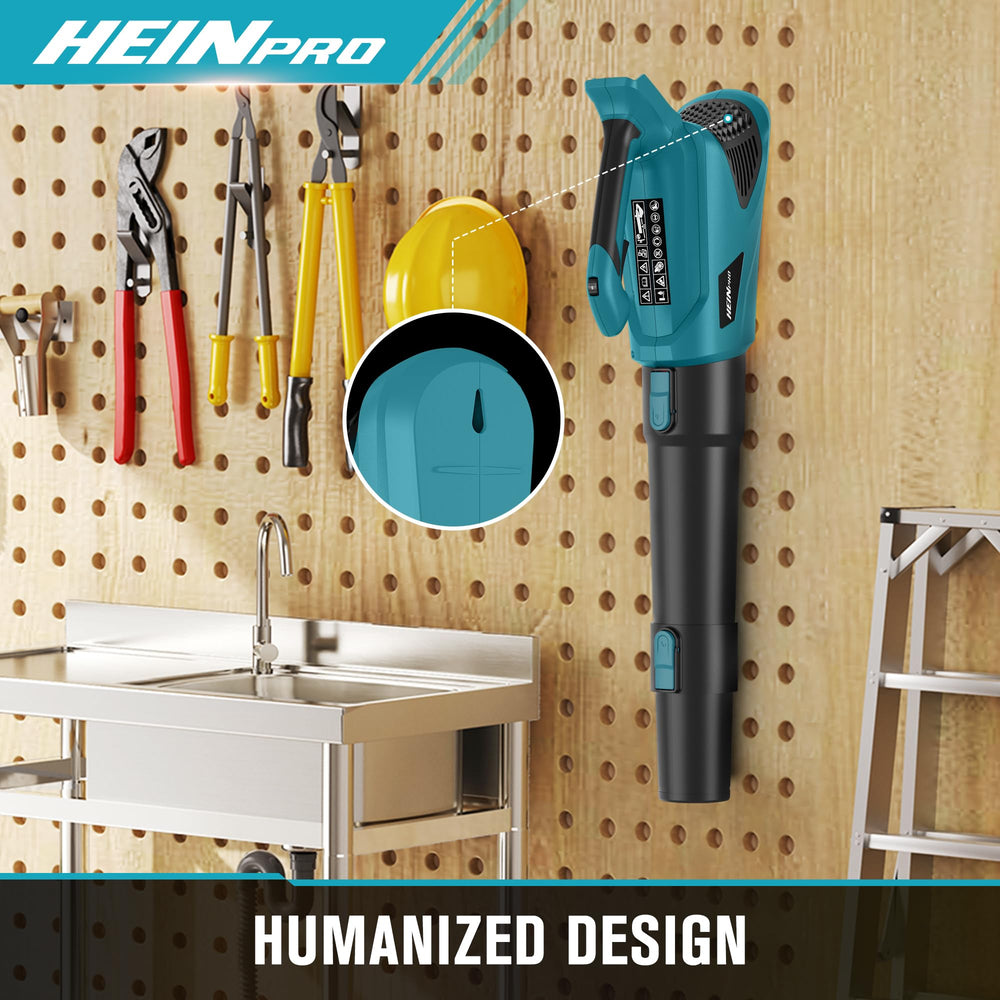 HEINPRO blower hanging on a hook for convenient garage storage and organization