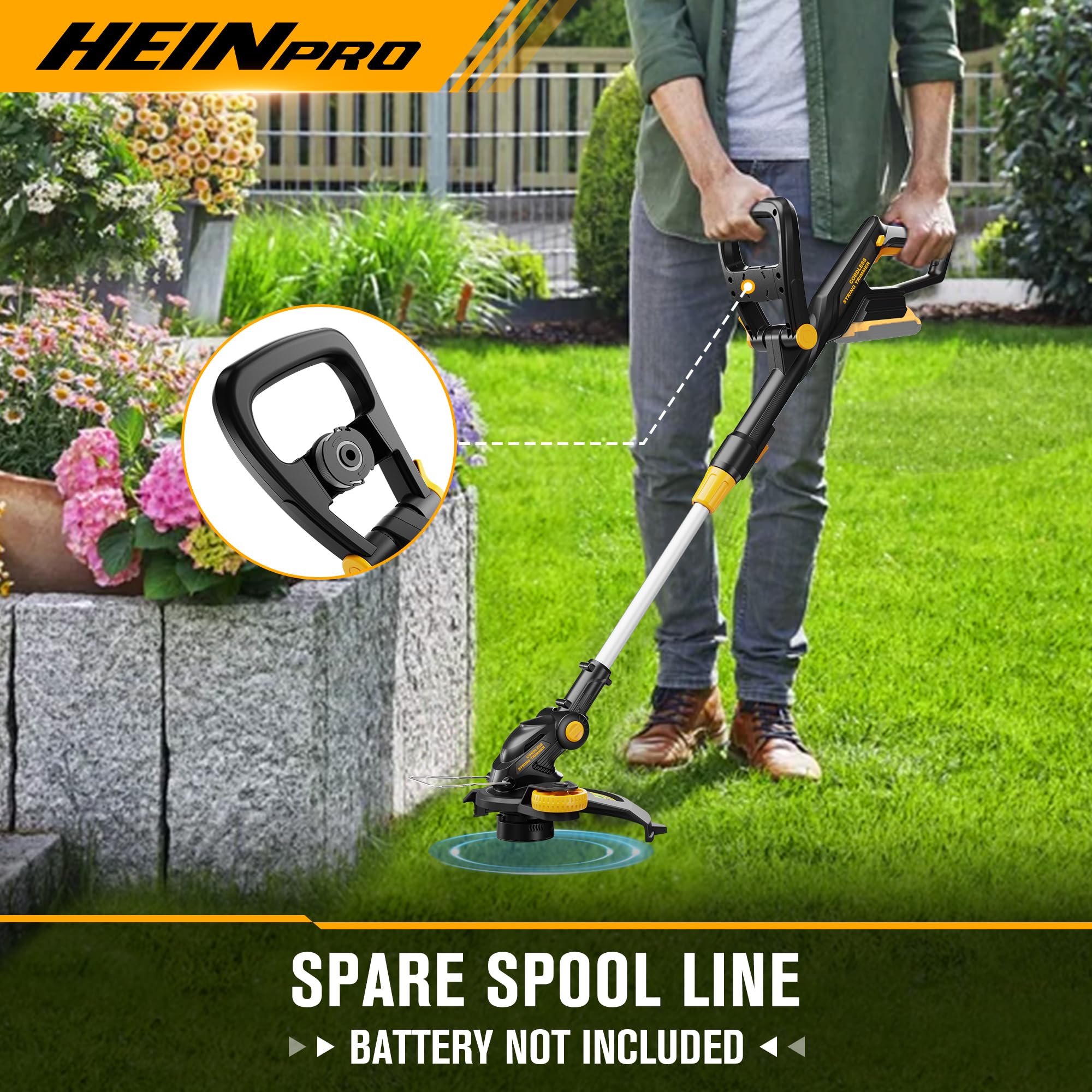 HEINPRO cordless trimmer in use around a flower bed delivering precise edging benefits