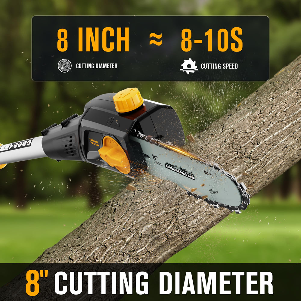 HEINPRO pole saw in use pruning a branch demonstrating extended reach