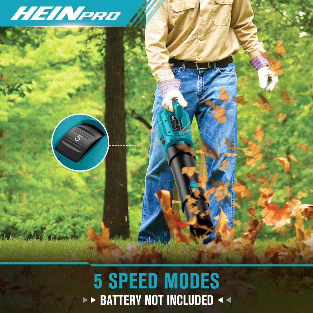 HEINPRO blower in use clearing leaves from a lawn for fast yard cleanup