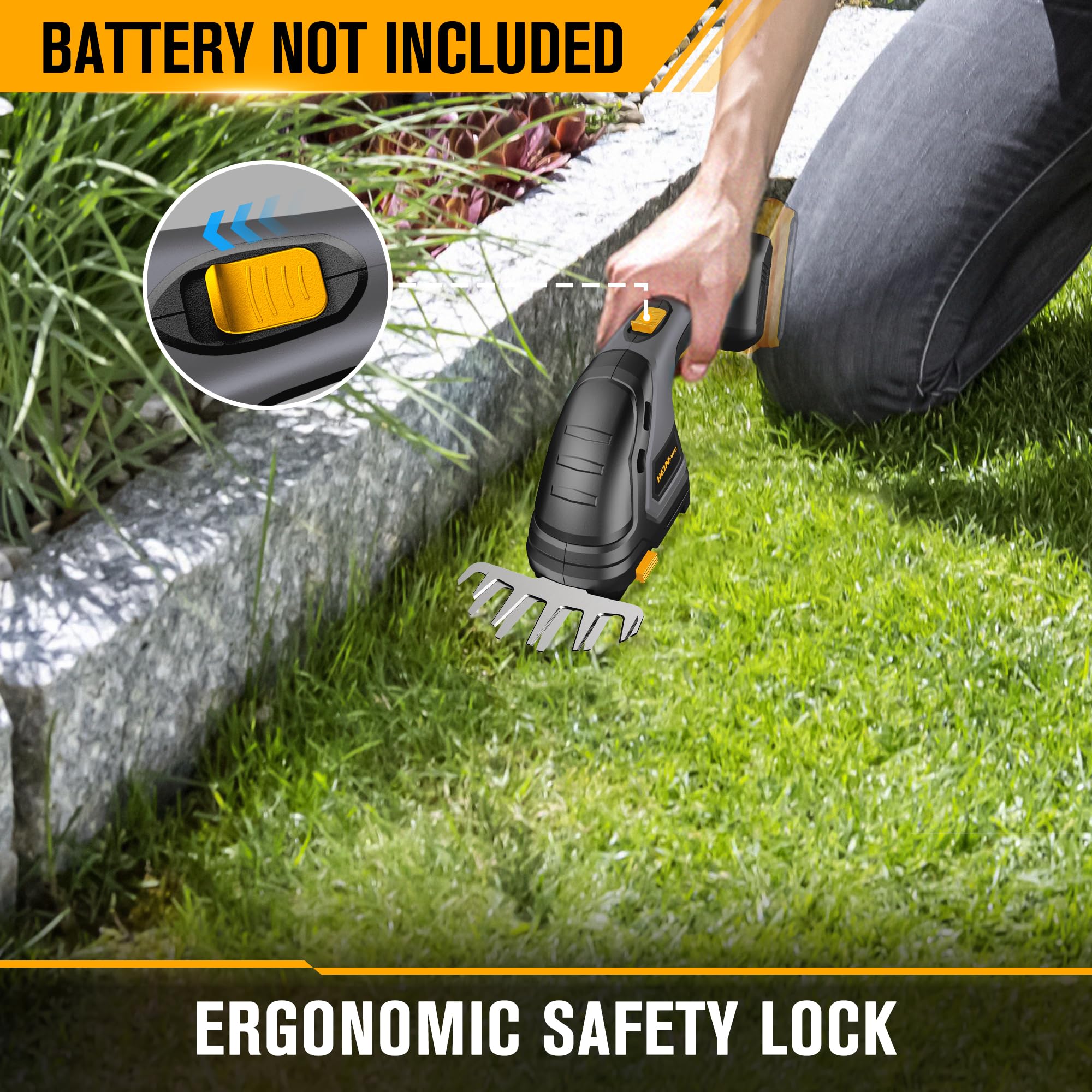 HEINPRO safety lock and blade guard close-up highlighting accidental-start protection
